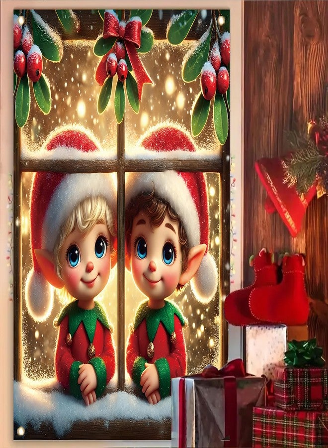 غطاء نافذة عيد الميلاد من ساوپلاسا، مقاس 47 × 31 بوصة، مزين برسومات قزم لطيفة، وقبعة سانتا، ومشهد شتوي، وديكور منزلي لعيد الميلاد لغرفة المعيشة أو غرفة النوم، مع خلفية ثلجية احتفالية، وستارة جدارية فنية موسمية. - Image 3